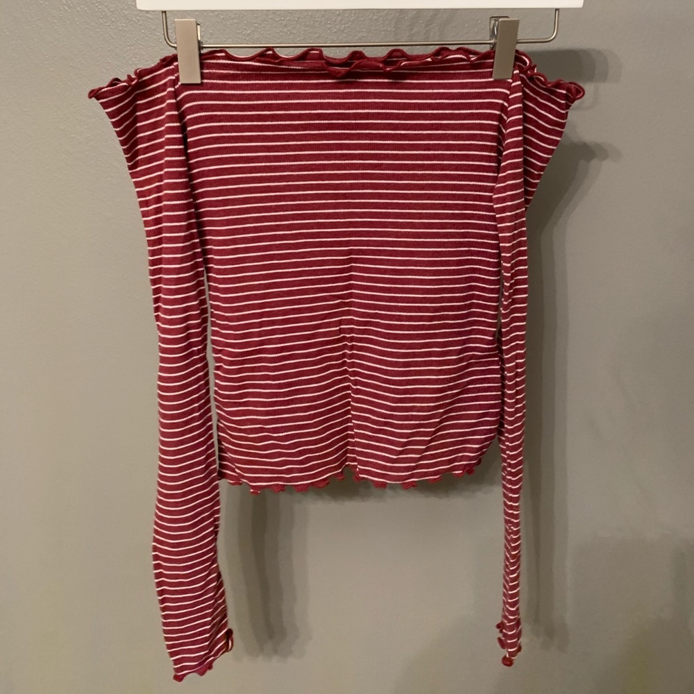 Maroon and White Striped Off the Shoulder Shirt